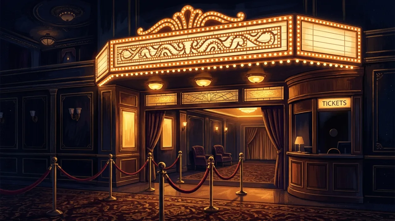 マーキー照明が輝く映画館のロビー（編集部作成のイメージイラスト）
